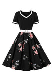 V Pescoço Mangas Curtas Preto 1950s Vestido Com Cinto
