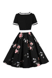 V Pescoço Mangas Curtas Preto 1950s Vestido Com Cinto