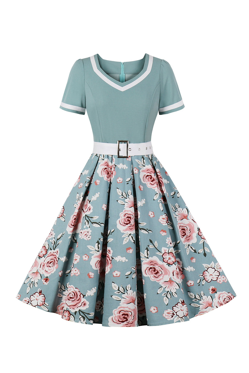 V Pescoço Mangas Curtas Preto 1950s Vestido Com Cinto