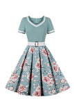 V Pescoço Mangas Curtas Preto 1950s Vestido Com Cinto