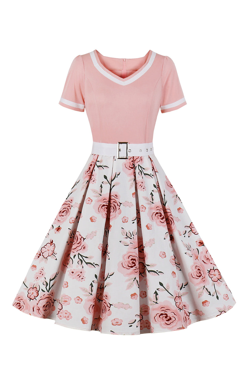 V Pescoço Mangas Curtas Preto 1950s Vestido Com Cinto