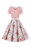 V Pescoço Mangas Curtas Preto 1950s Vestido Com Cinto