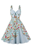 Alças de Espaguete Flor Azul 1950s Vestido Com Laço