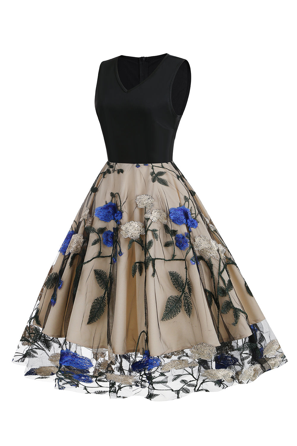 Azul 1950s Vestido Com Bordado