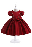 Vestido de menina de cetim Borgonha com arco