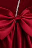 Vestido de menina de cetim Borgonha com arco