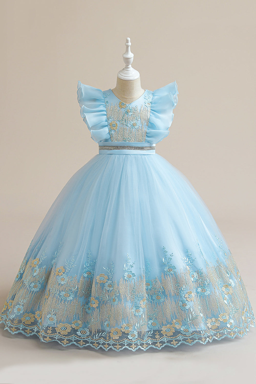 Vestido azul da menina de tule da linha com bordado