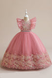 Vestido azul da menina de tule da linha com bordado