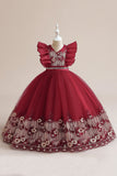 Vestido azul da menina de tule da linha com bordado