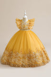 Vestido azul da menina de tule da linha com bordado