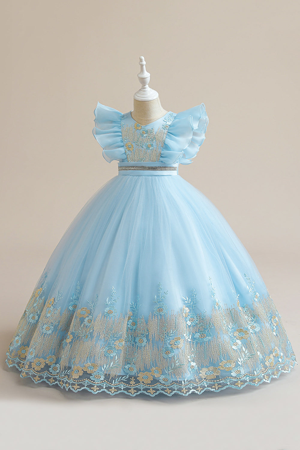 Vestido azul da menina de tule da linha com bordado