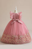 Vestido azul da menina de tule da linha com bordado