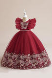Vestido azul da menina de tule da linha com bordado