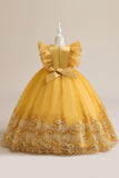 Vestido azul da menina de tule da linha com bordado