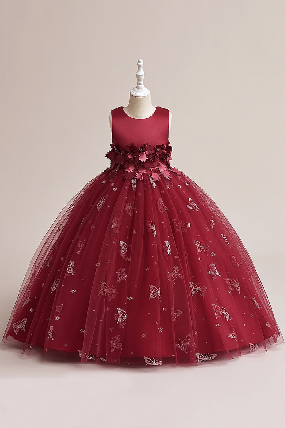 Vestido de menina sem mangas de tule rosa com apliques