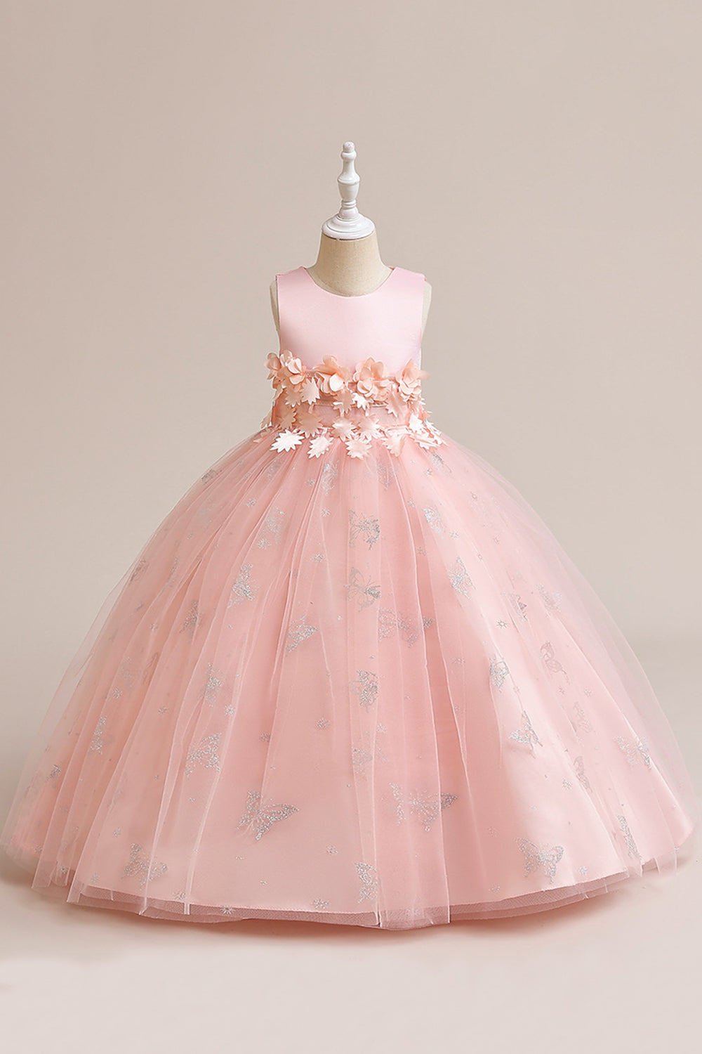 Vestido de menina sem mangas de tule rosa com apliques