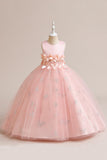 Vestido de menina sem mangas de tule rosa com apliques
