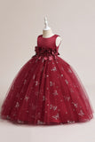 Vestido de menina sem mangas de tule rosa com apliques
