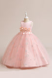 Vestido de menina sem mangas de tule rosa com apliques
