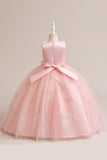 Vestido de menina sem mangas de tule rosa com apliques