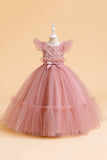 Tule A Line Champagne Girl Dress com Arco