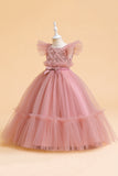 Tule A Line Champagne Girl Dress com Arco