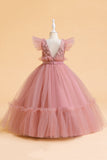 Tule A Line Champagne Girl Dress com Arco