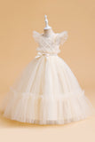 Tule A Line Champagne Girl Dress com Arco