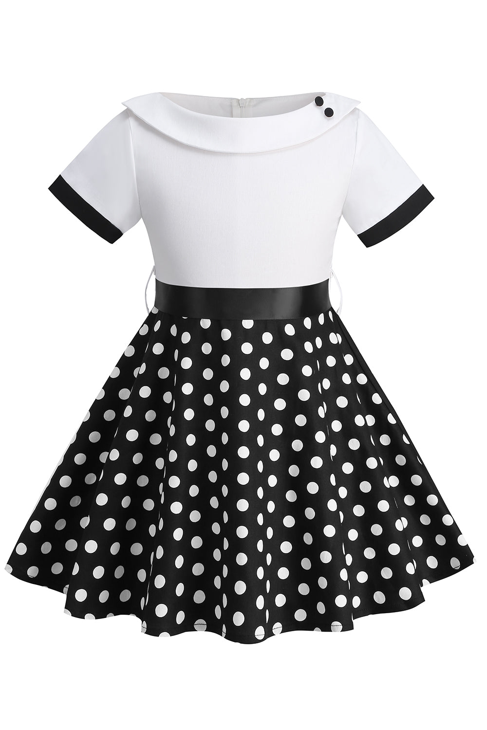 Bateau Pescoço Polka Dots Branco Vintage Vestidos De Menina