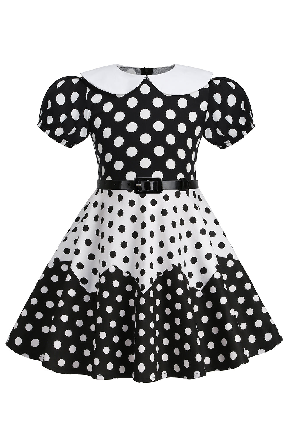 Puff Mangas Polka Dots Preto Uma Linha Vestido Feminino
