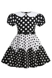 Puff Mangas Polka Dots Preto Uma Linha Vestido Feminino