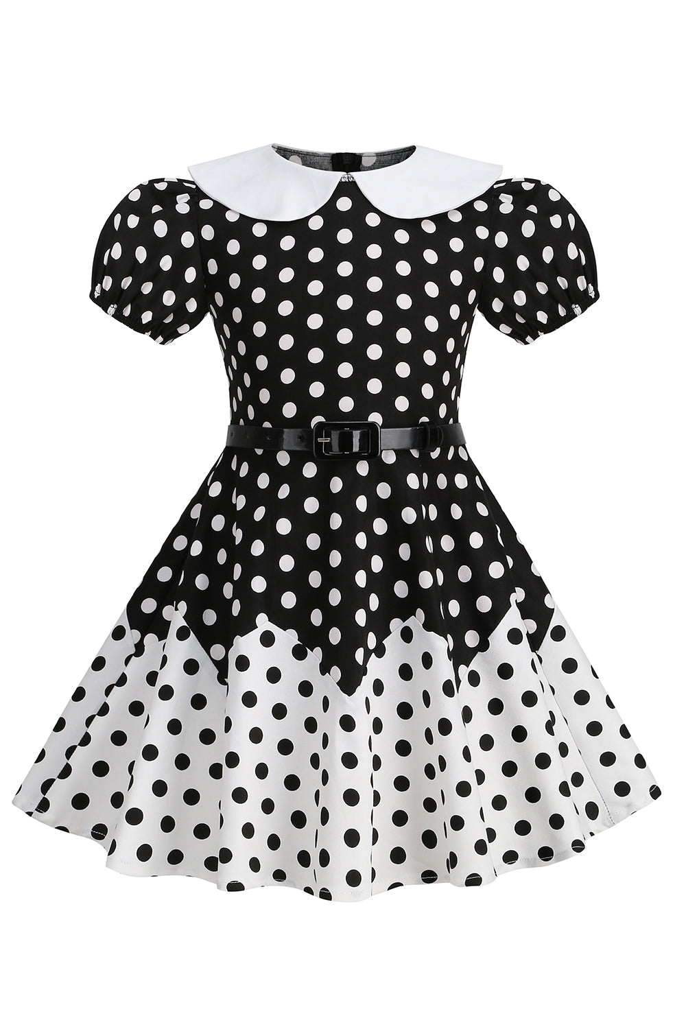 Puff Mangas Polka Dots Preto Uma Linha Vestido Feminino