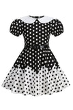 Puff Mangas Polka Dots Preto Uma Linha Vestido Feminino