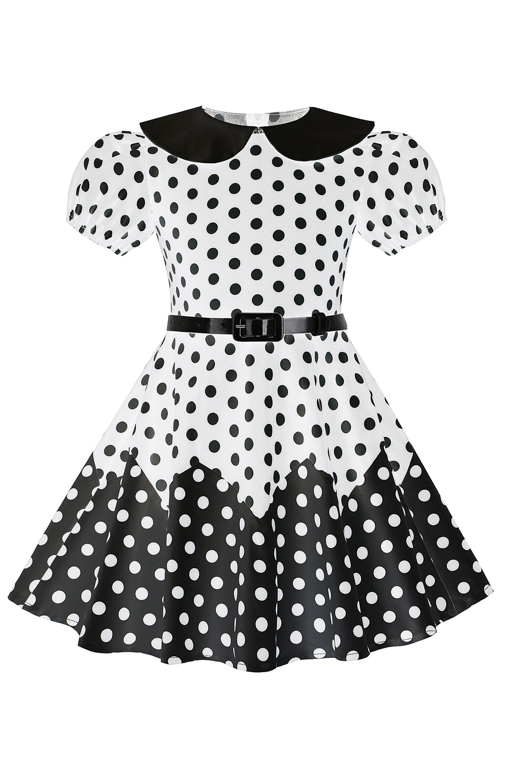 Puff Mangas Polka Dots Preto Uma Linha Vestido Feminino