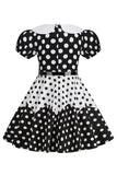 Puff Mangas Polka Dots Preto Uma Linha Vestido Feminino