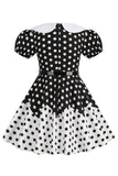 Puff Mangas Polka Dots Preto Uma Linha Vestido Feminino