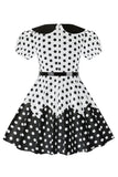 Puff Mangas Polka Dots Preto Uma Linha Vestido Feminino