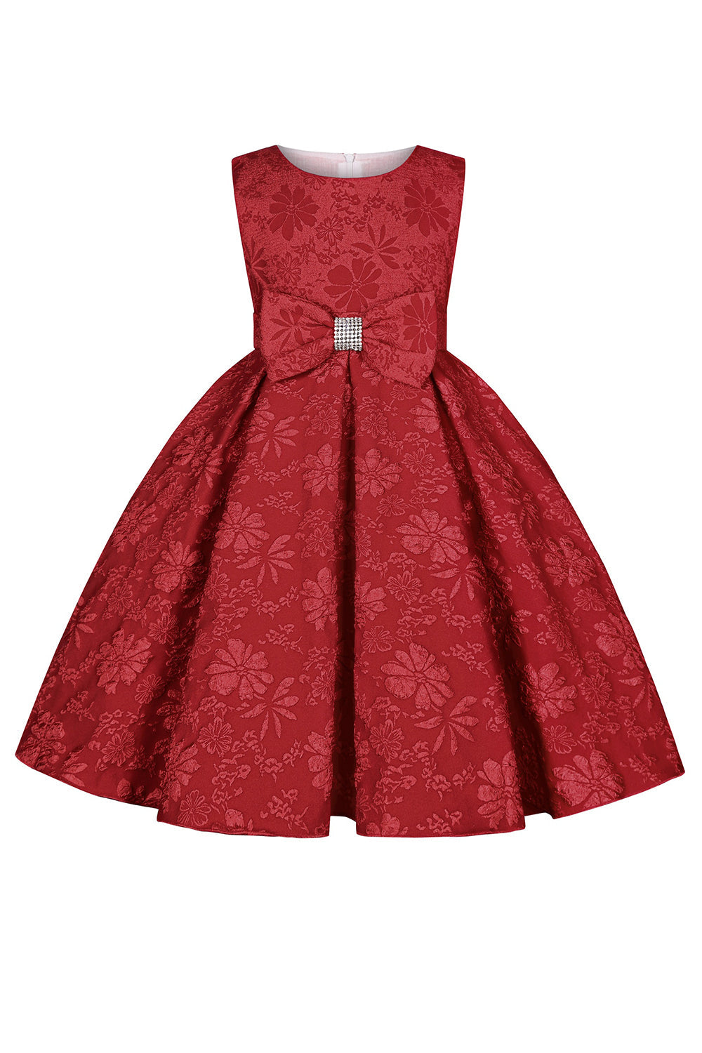 Bonito Pescoço Redondo Rosa Jacquard Vestido de Menina
