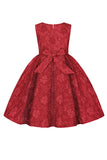 Bonito Pescoço Redondo Rosa Jacquard Vestido de Menina