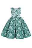 Bonito Pescoço Redondo Rosa Jacquard Vestido de Menina