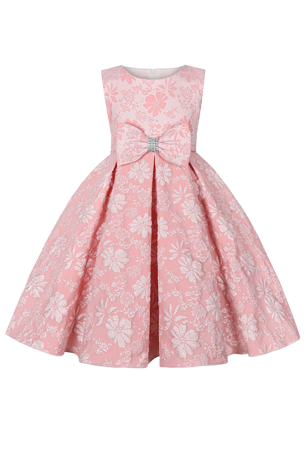 Bonito Pescoço Redondo Rosa Jacquard Vestido de Menina