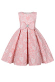 Bonito Pescoço Redondo Rosa Jacquard Vestido de Menina