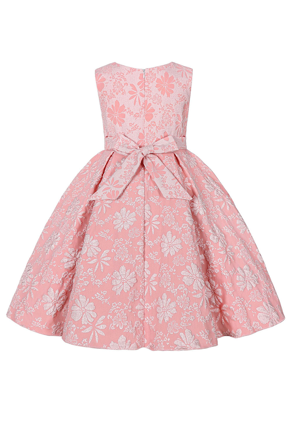 Bonito Pescoço Redondo Rosa Jacquard Vestido de Menina