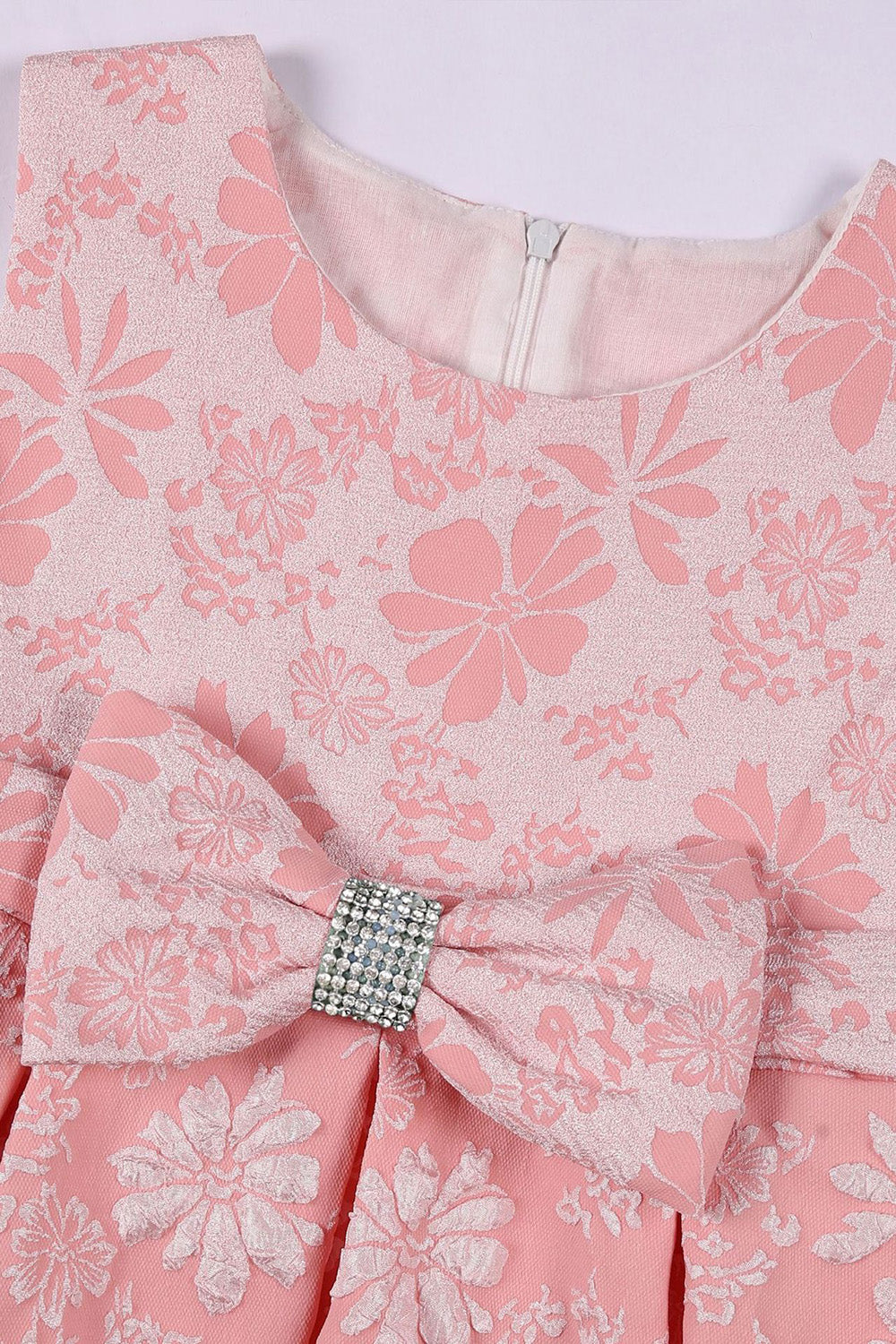 Bonito Pescoço Redondo Rosa Jacquard Vestido de Menina
