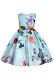 A Line Pescoço Redondo Azul Claro Estampado Vestido de Menina