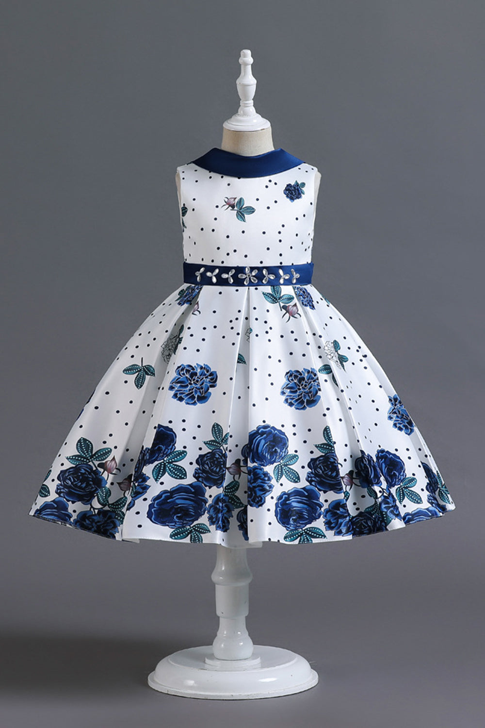 A Line Pescoço Redondo Azul Estampado Vestido de Menina