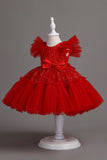 A Line Pescoço Redondo Vestido Vermelho de Menina
