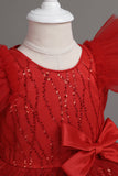 A Line Pescoço Redondo Vestido Vermelho de Menina