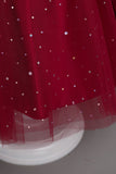 A Line Fora do Ombro Borgonha Vestido de Menina Tule