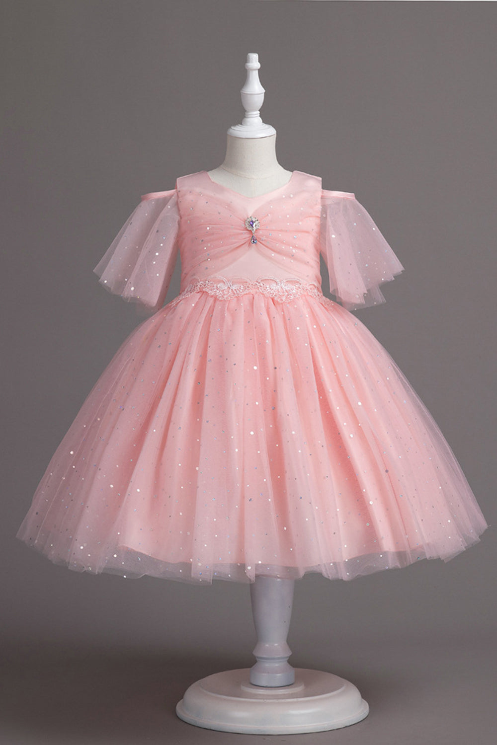 A Line Fora do Ombro Borgonha Vestido de Menina Tule